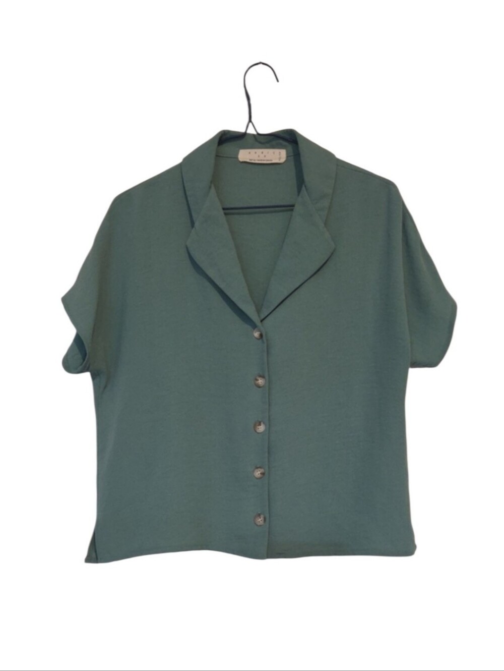 Annie 50 Sage Green Short Sleeve Camp Collar Button Up Blouse Top